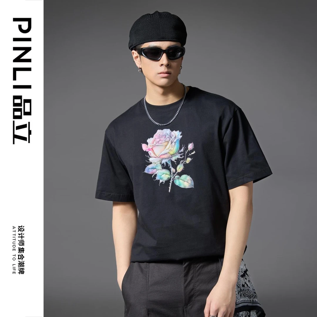 【PINLI品立】春夏玫瑰烫钻短袖T恤男百搭休闲圆领上衣BG252111005