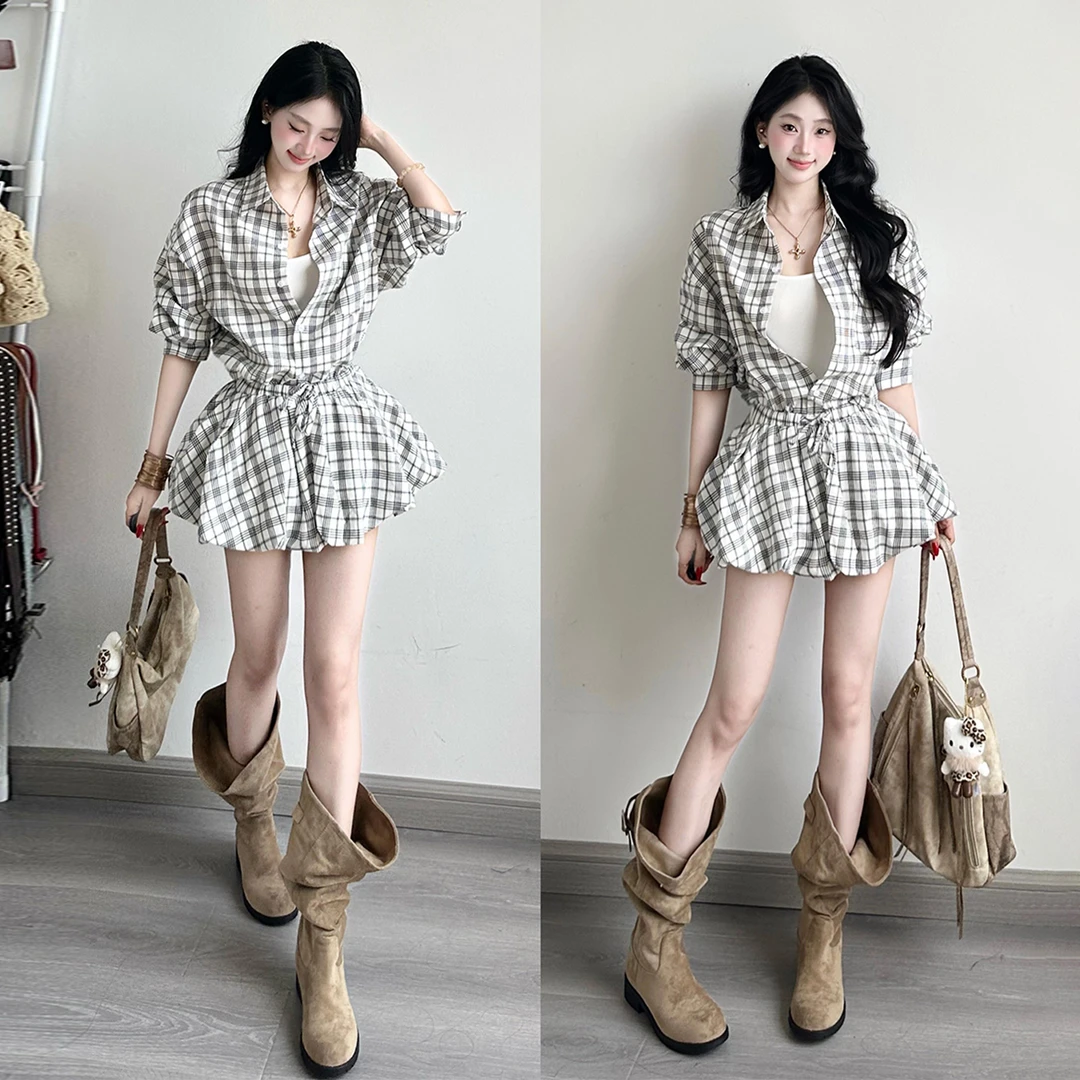 早秋新款两件套格子长袖衬衫连衣裙子女法式气质纯欲慵懒风花苞裙