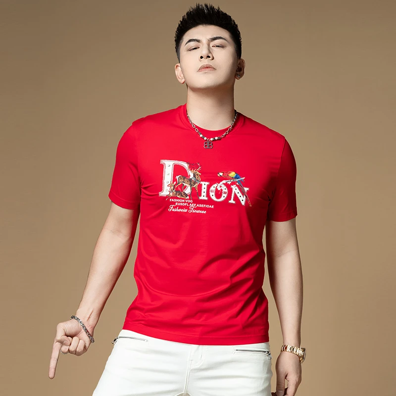 欧货2025新款短袖T恤夏季潮牌休闲上衣男装打底衫红色半袖体恤男