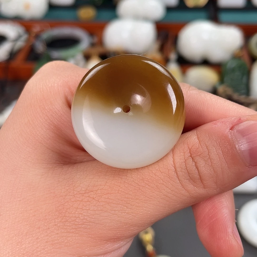 和田玉未镶嵌挂件新疆且末糖白聚宝盆平安扣老红糖32.7mm直径