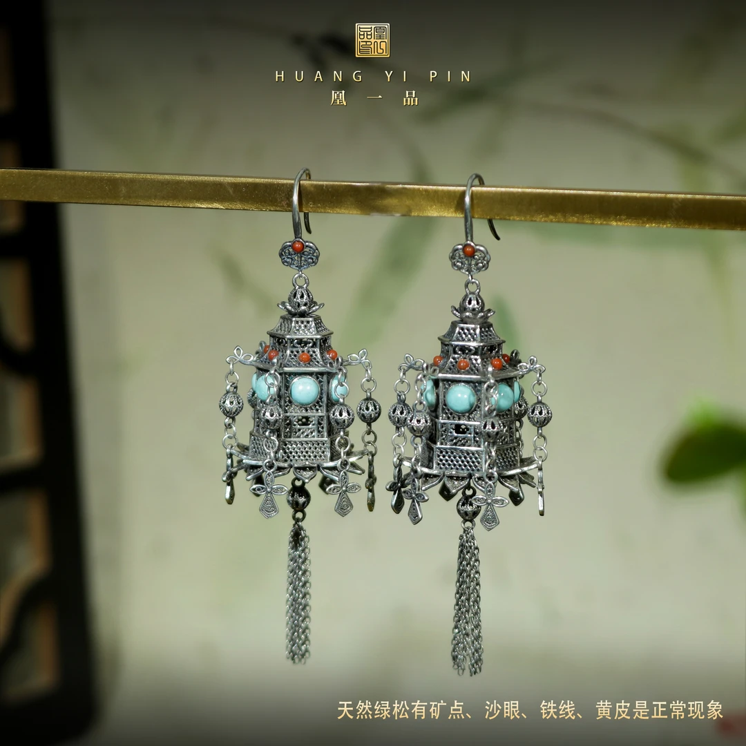 凰一品 古法银宫灯绿松耳钩s925