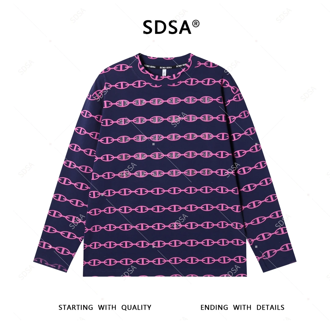 SDSA男士秋冬新款轻奢痞帅男装撞色满印烫钻圆领长袖T恤重工百搭