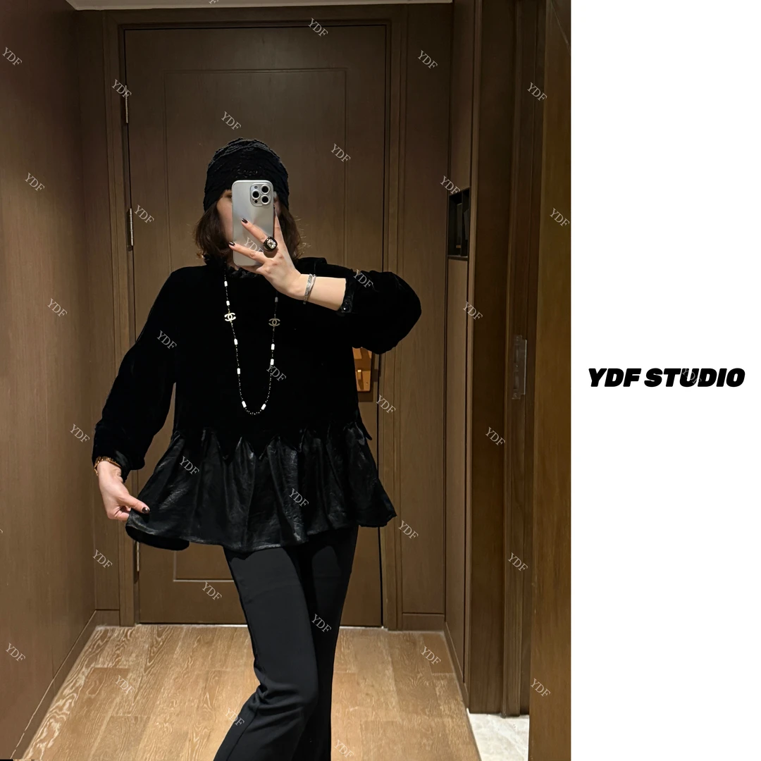 YDFSTUDIO小众【黑玫曼塔】欧货高品早秋重工丝绒拼接设计时尚上衣
