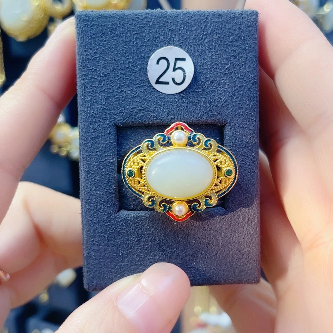 和田玉银S925镀金镶嵌戒指