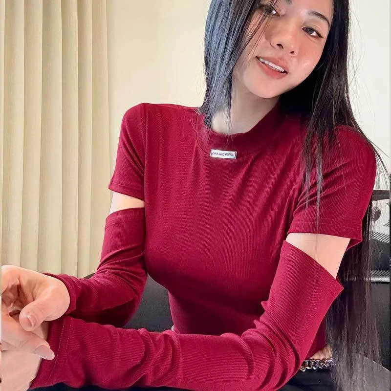 2025春季新款长袖T恤女纯色时尚修身显瘦短款上衣设计感洋气 百搭