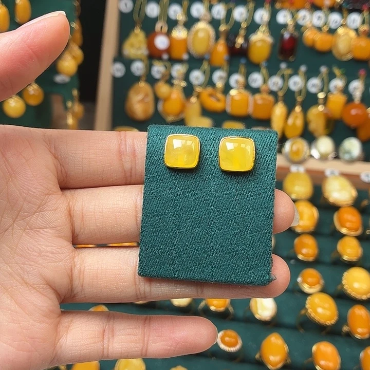 琥珀银S925镶嵌耳饰