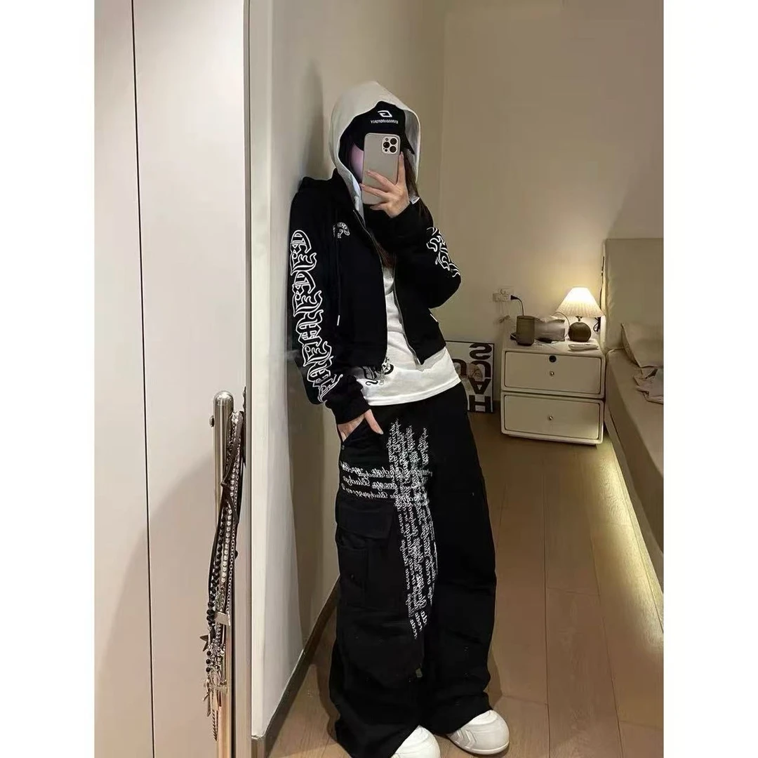 美式十字印花工装阔腿牛仔裤女秋季宽松垂感拖地裤设计感复古