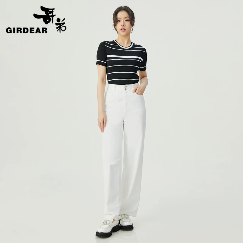 哥弟春秋季薄款高腰两粒扣时尚气质休闲简约白色牛仔裤子1100457