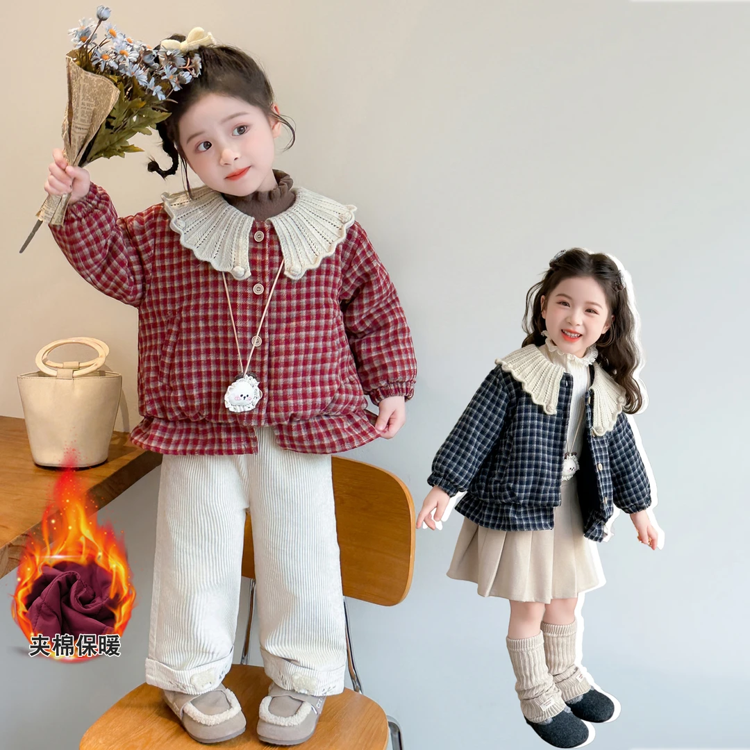 森系女童翻领格子夹棉外套洋气甜美儿童秋冬装新款女宝宝加厚棉衣