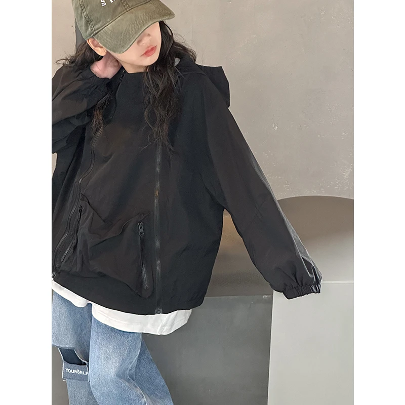 k24544韩国童装女童春秋冲锋衣连帽外套新儿童时髦双拉链上衣春装