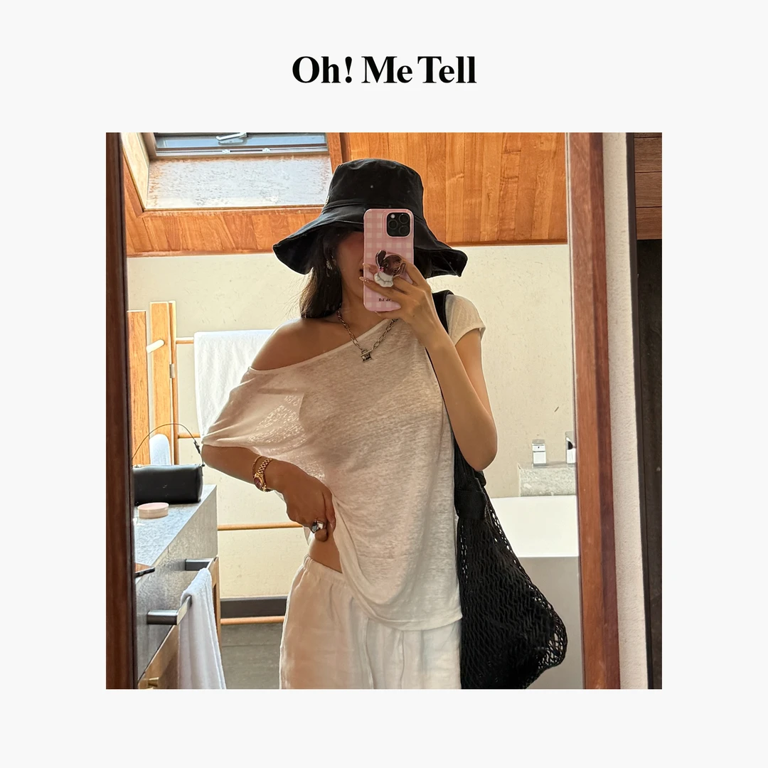 Oh！Me Tell 极简风亚麻微透感轻薄凉爽一字肩露肩斜肩上衣短袖T恤