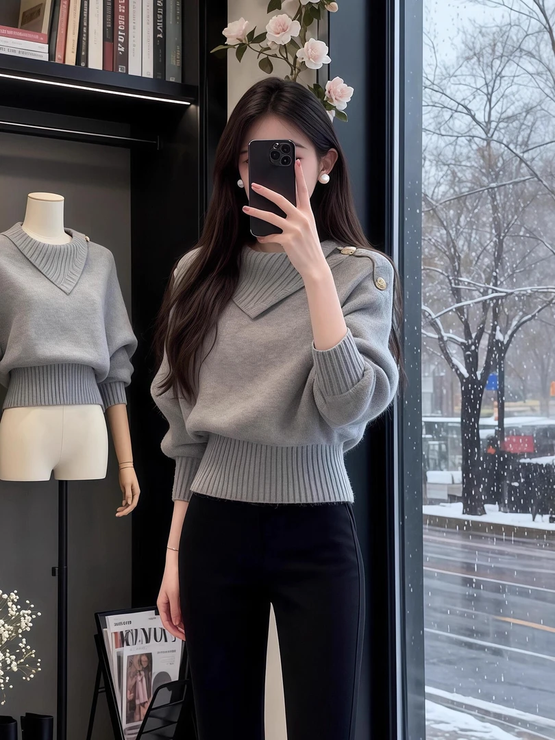 法式小香风黑色翻领长袖针织衫女早秋绝美巨好看的漂亮不规则上衣