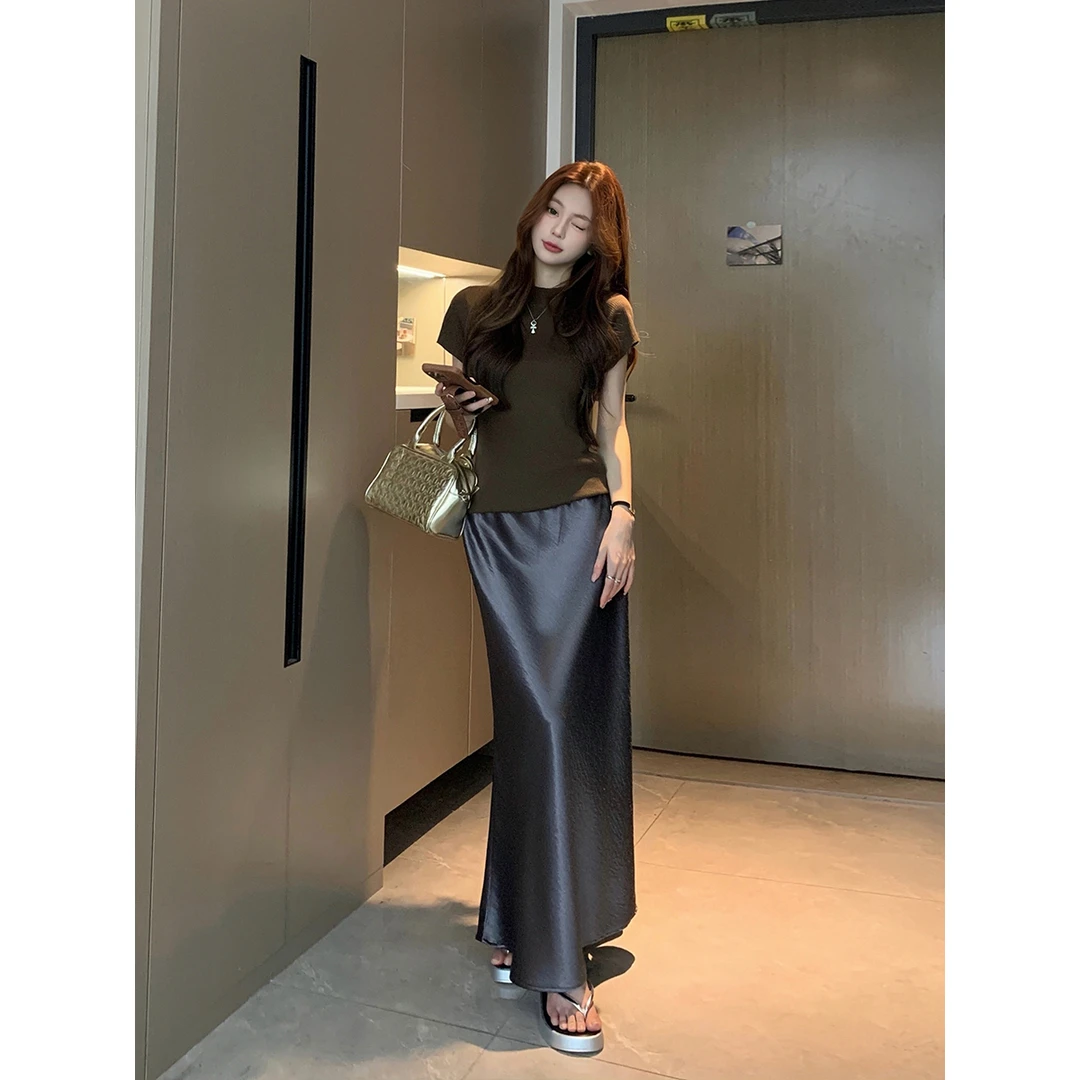 实拍大码女装质感姐姐高级感缎面鱼尾气质半身裙针织上衣套装