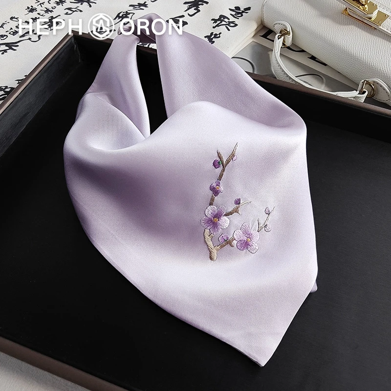 HEPHSORON苏绣丝巾礼盒送长辈紫色刺绣旗袍披肩桑蚕丝真丝方巾