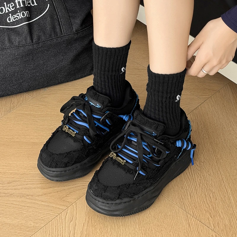 秋季新款破坏黑隐形7cm增高鞋男女同款情侣百搭复古潮流风面包鞋