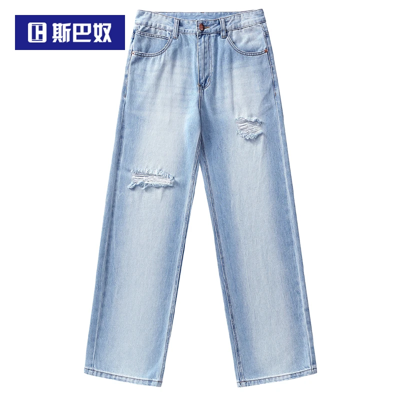 斯巴奴破洞牛仔裤男2025春季新款复古水洗渐变春秋装休闲九分长裤