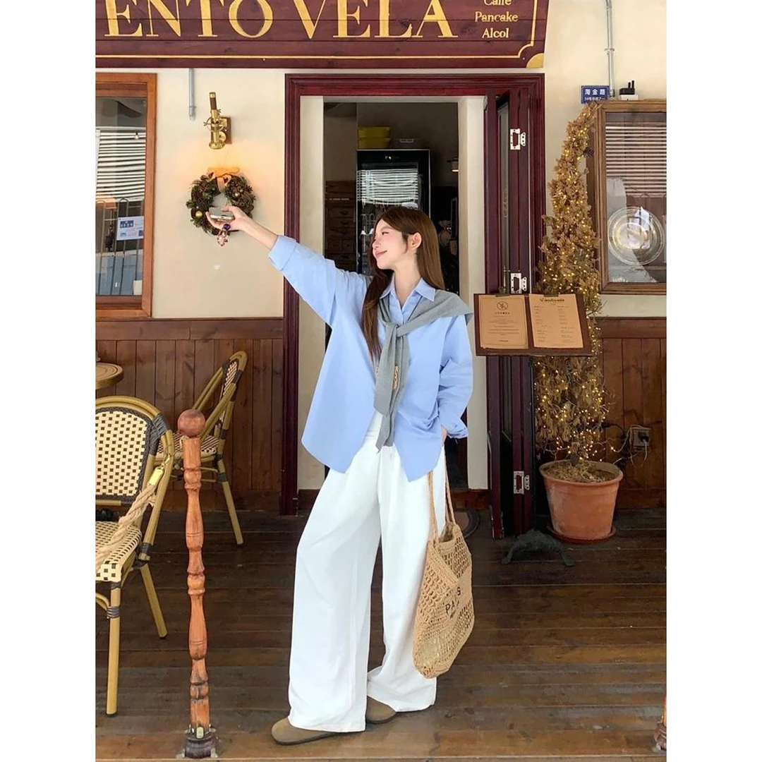 松驰感穿搭翻领宽松长袖衬衫休闲阔腿长裤女2025秋季新款时尚套装