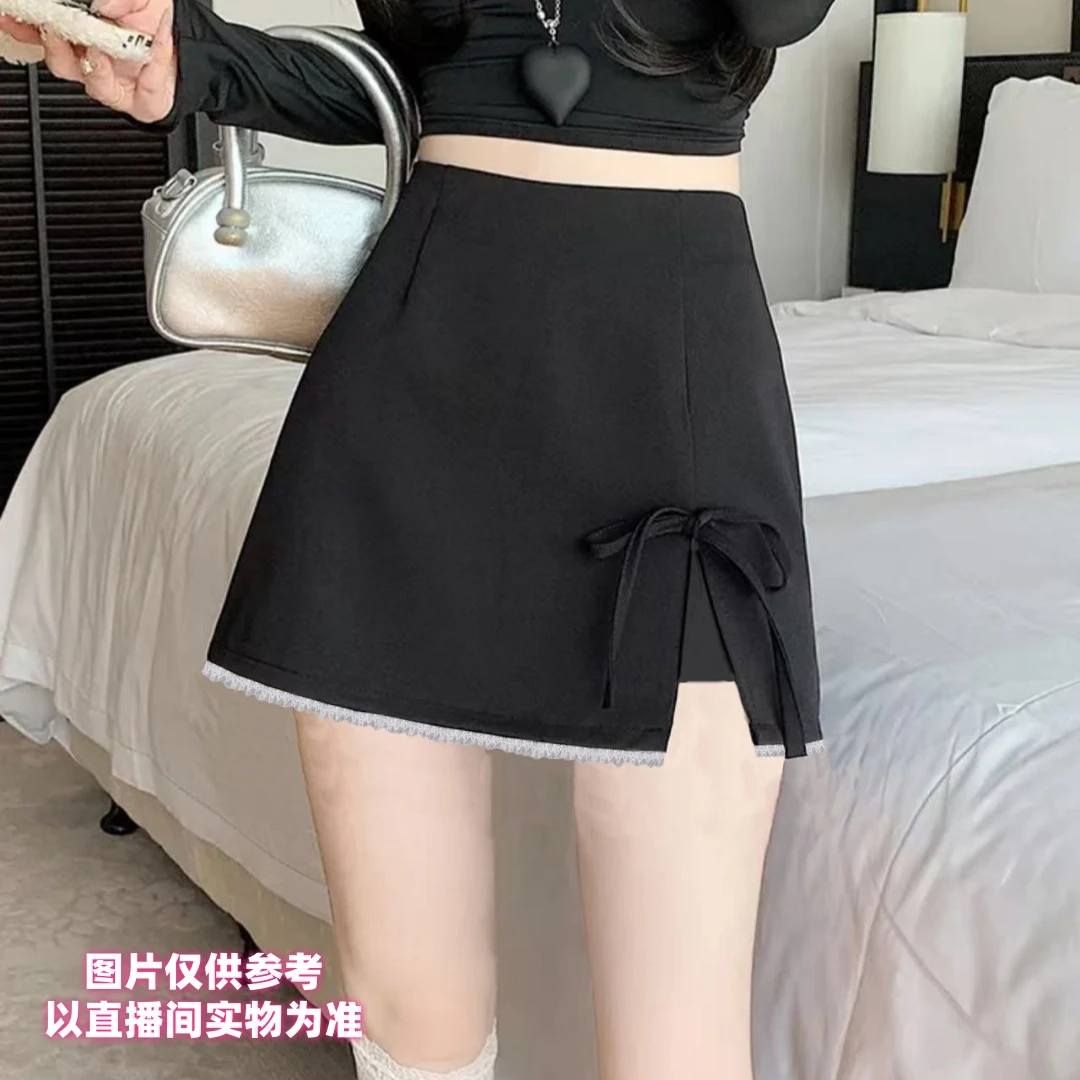 胖汐*侧开叉蕾丝边蝴蝶结短裙防走光设计感中高腰显瘦不规则百搭