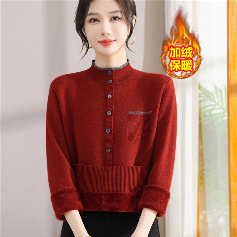 妈妈冬装新款加绒毛衣气质一体绒打底衫中老年女秋冬保暖内搭上衣