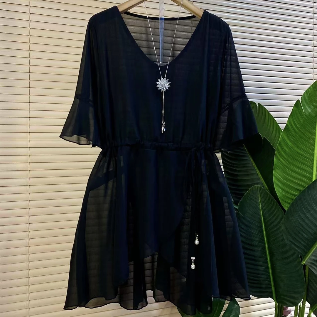 Y胖mm欧货时尚新款V领荷叶袖收腰系带气质大衫