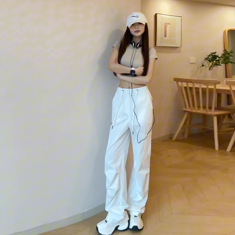 春季斜纹100棉小众炸街高级感高腰显瘦宽松束脚工装裤子女K54319