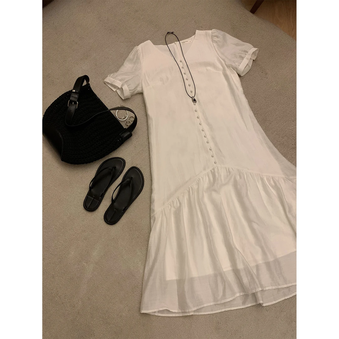 现货大婉酱微胖定制法式复古v领连衣裙女2025新款温柔鱼尾裙8569D