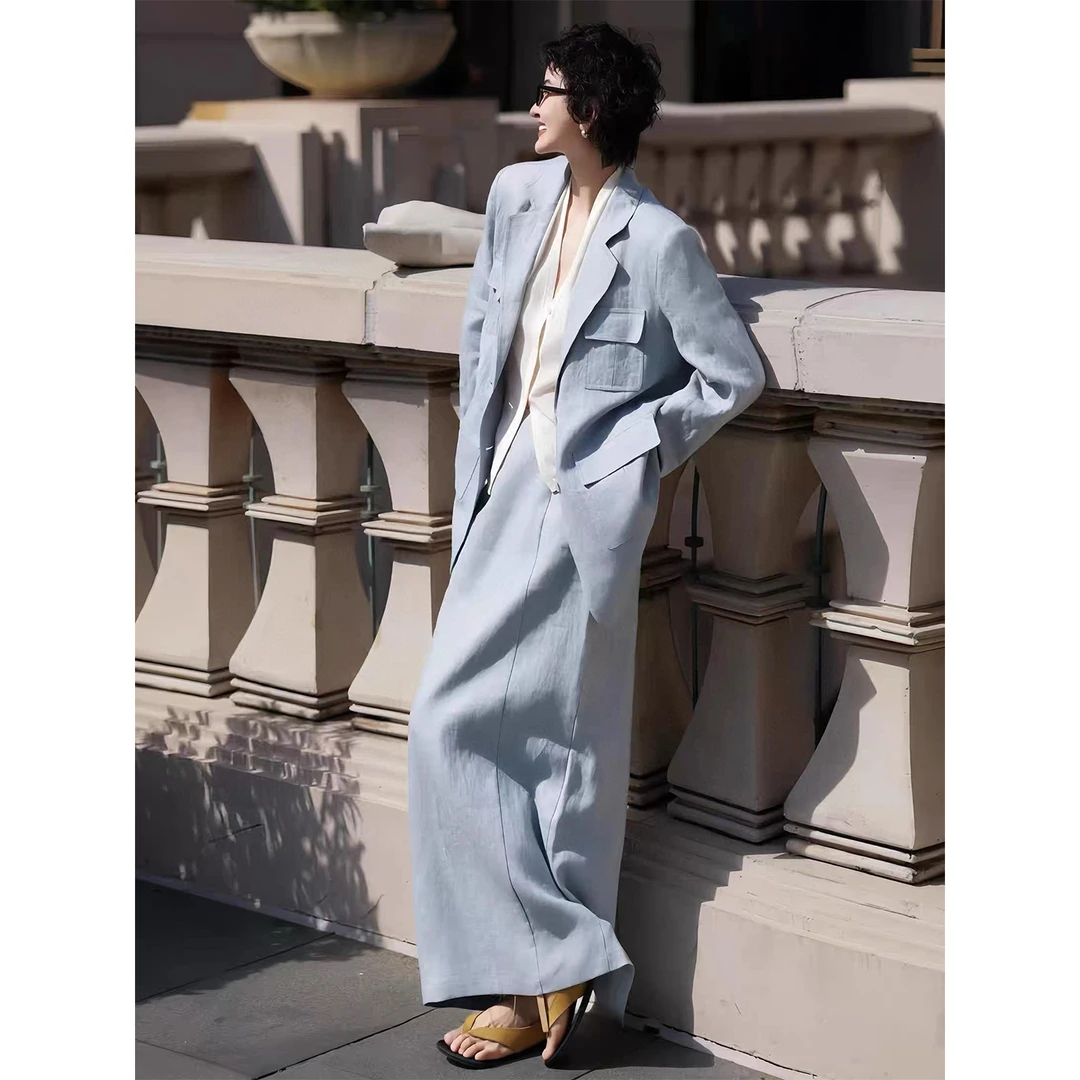 亚麻秋装阔型口袋西装外套优雅半身长裙套装两件套气质松驰感女装