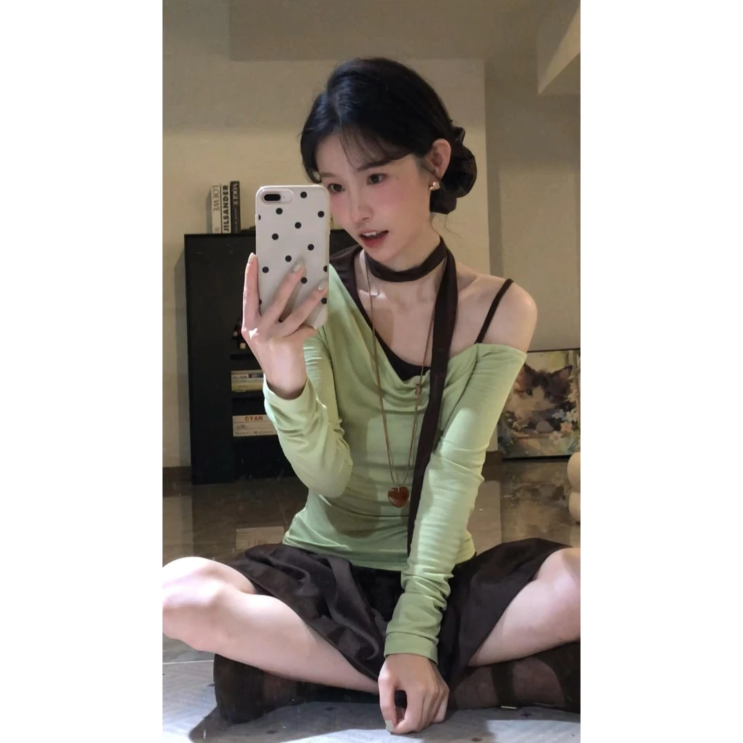 春秋2025新款露肩长袖假两件飘带修身显瘦别致设计百搭气质女上衣