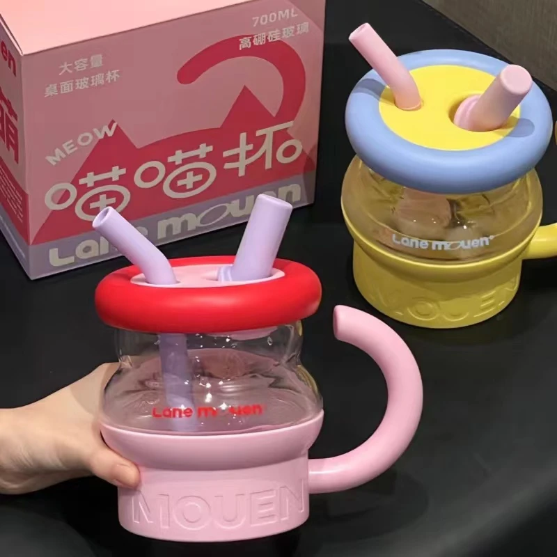览萌Lane Mouen玻璃吸管杯女生高颜值水杯大容量杯子耐高温喵喵杯