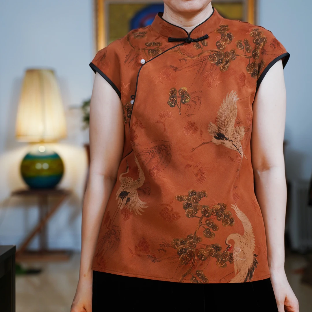 『诗情』复古中式国风红咖香云纱气质修身短款套头上衣-S4K6130