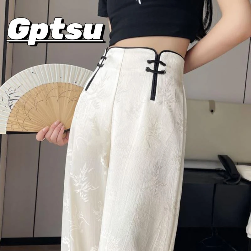 GPTSu国风冰丝缎面阔腿裤女夏季高腰新中式改良宋裤休闲直筒裤潮