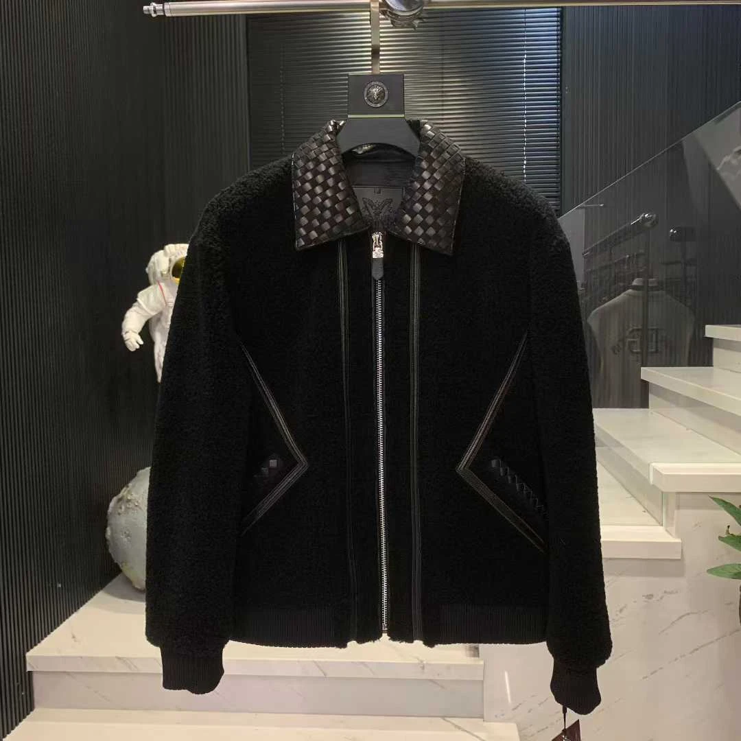 25215    新款男士高奢时尚休闲拼皮方领羊毛外套