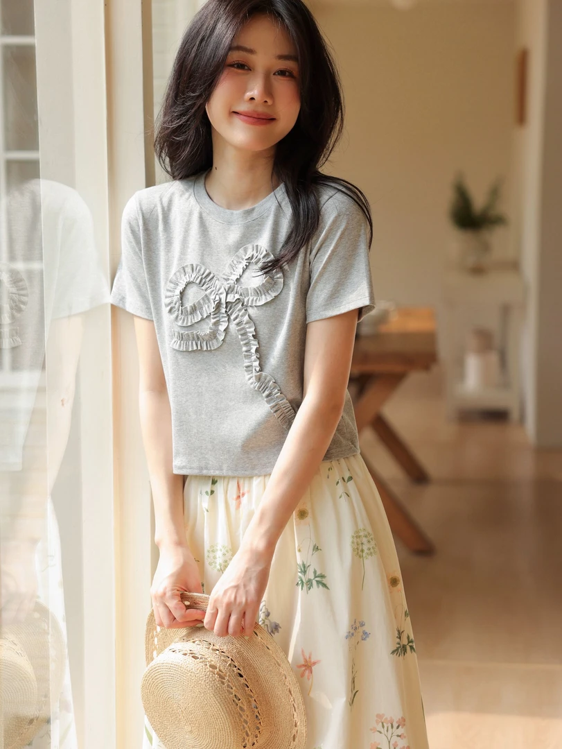 瞌睡兔重工缩褶蝴蝶结短袖T恤女夏季短款修身显瘦圆领上衣2551996