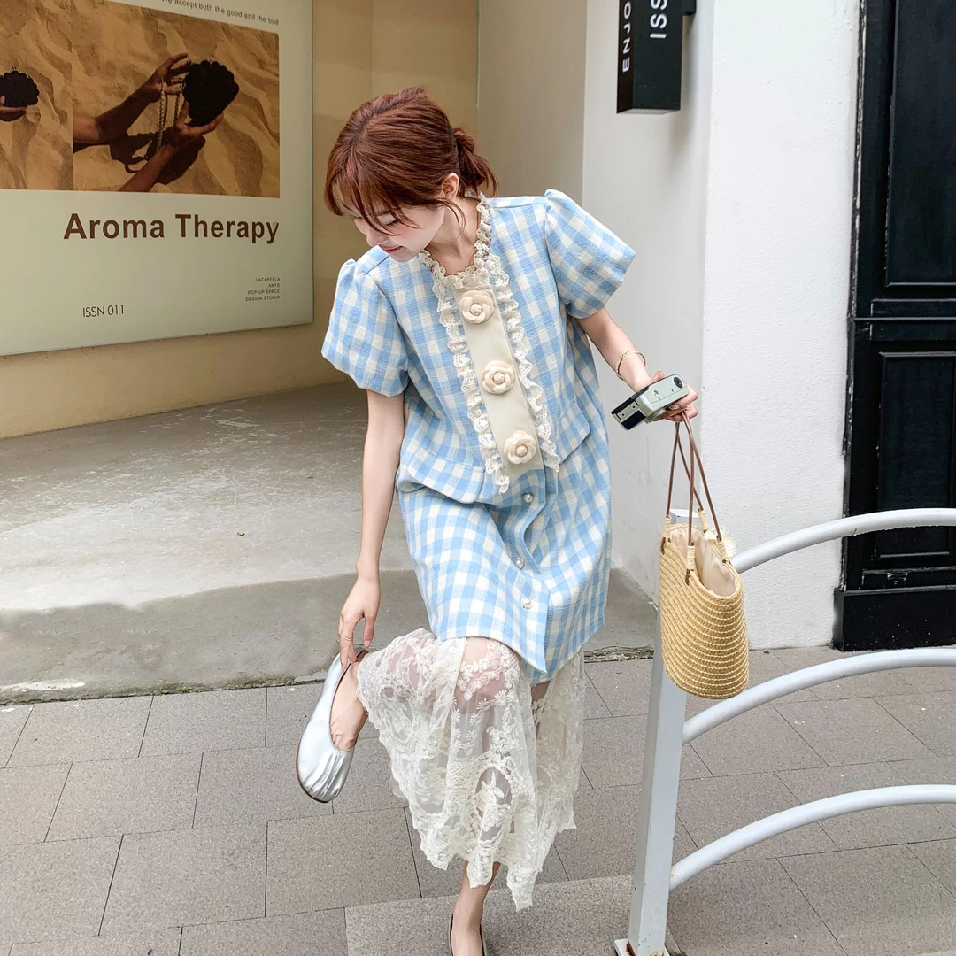 高级感减龄套装裙女2025夏季新款吊带裙叠穿蓝色格纹连衣裙两件套