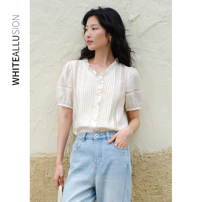 清仓 衬衫女夏款木耳边别致漂亮小衫轻熟法式上衣2008