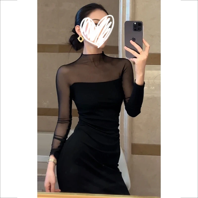 气质黑色性感网纱拼接连衣裙女秋冬加厚加绒收腰显瘦包臀裙长裙子