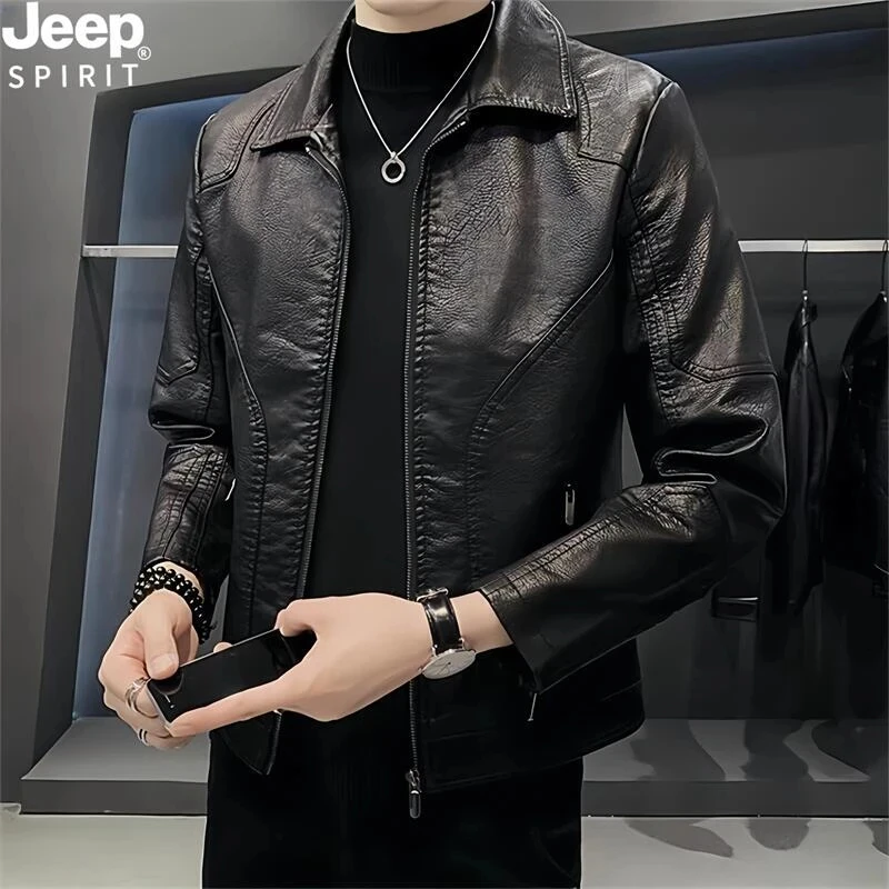 JEEP吉普皮衣男士春秋季机车皮夹克时尚休闲潮流痞帅外套潮牌男装