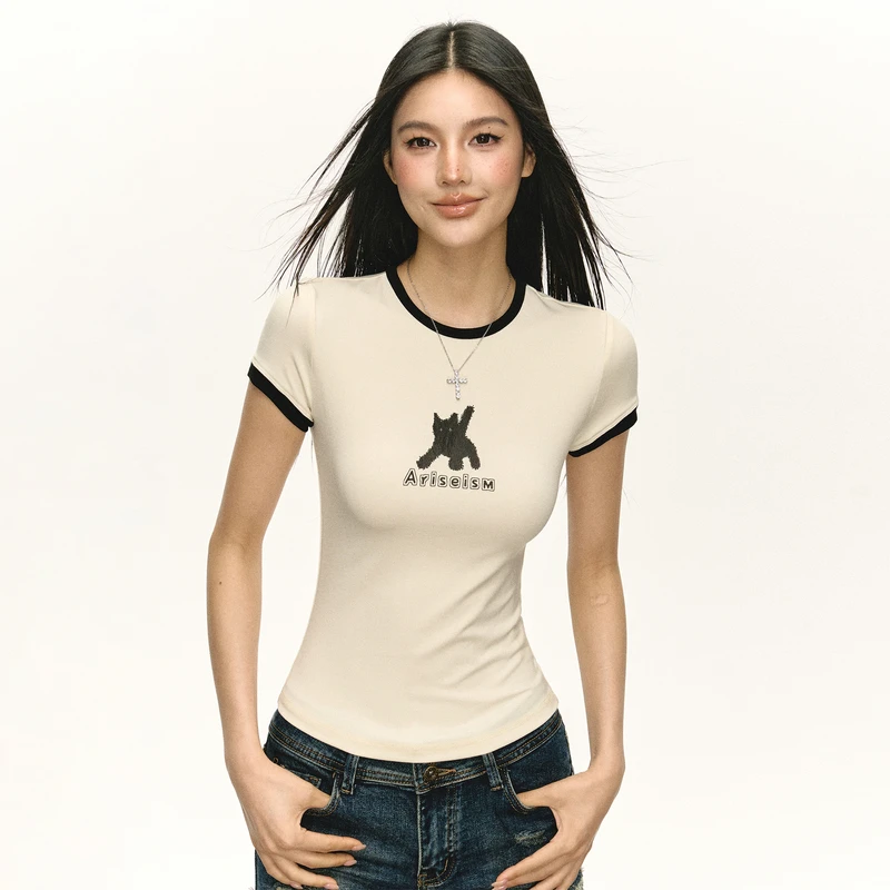 Ariseism 美式复古设计感短袖t恤女夏季新款修身上衣