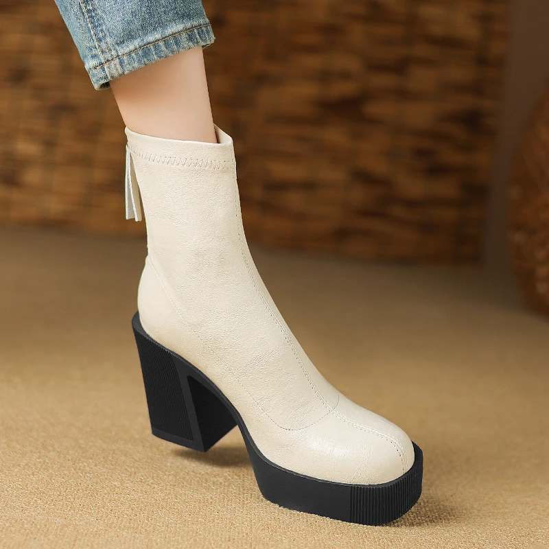 10cm高跟短靴女春秋单靴小个子气质百搭弹力靴厚底粗跟加绒瘦瘦靴