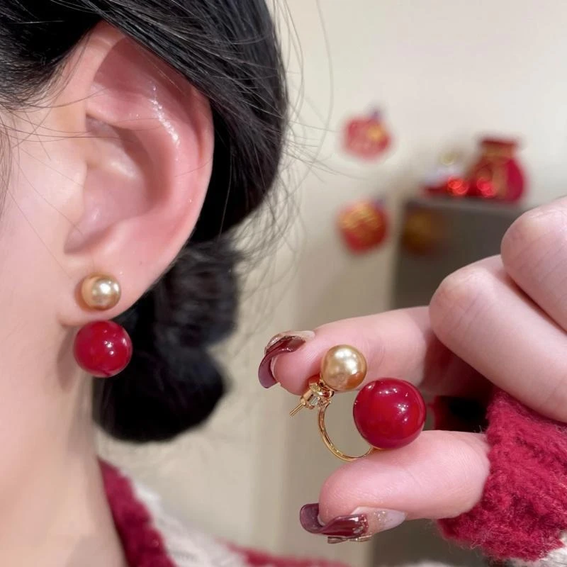 925银针复古安可拉红拼色两戴珍珠耳环2025新款爆款气质百搭耳饰