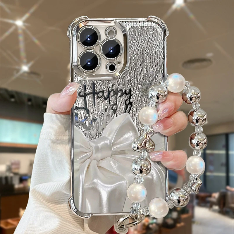 适用苹果15手机壳iphone14promax水波纹蝴蝶结链条12电镀四手机套