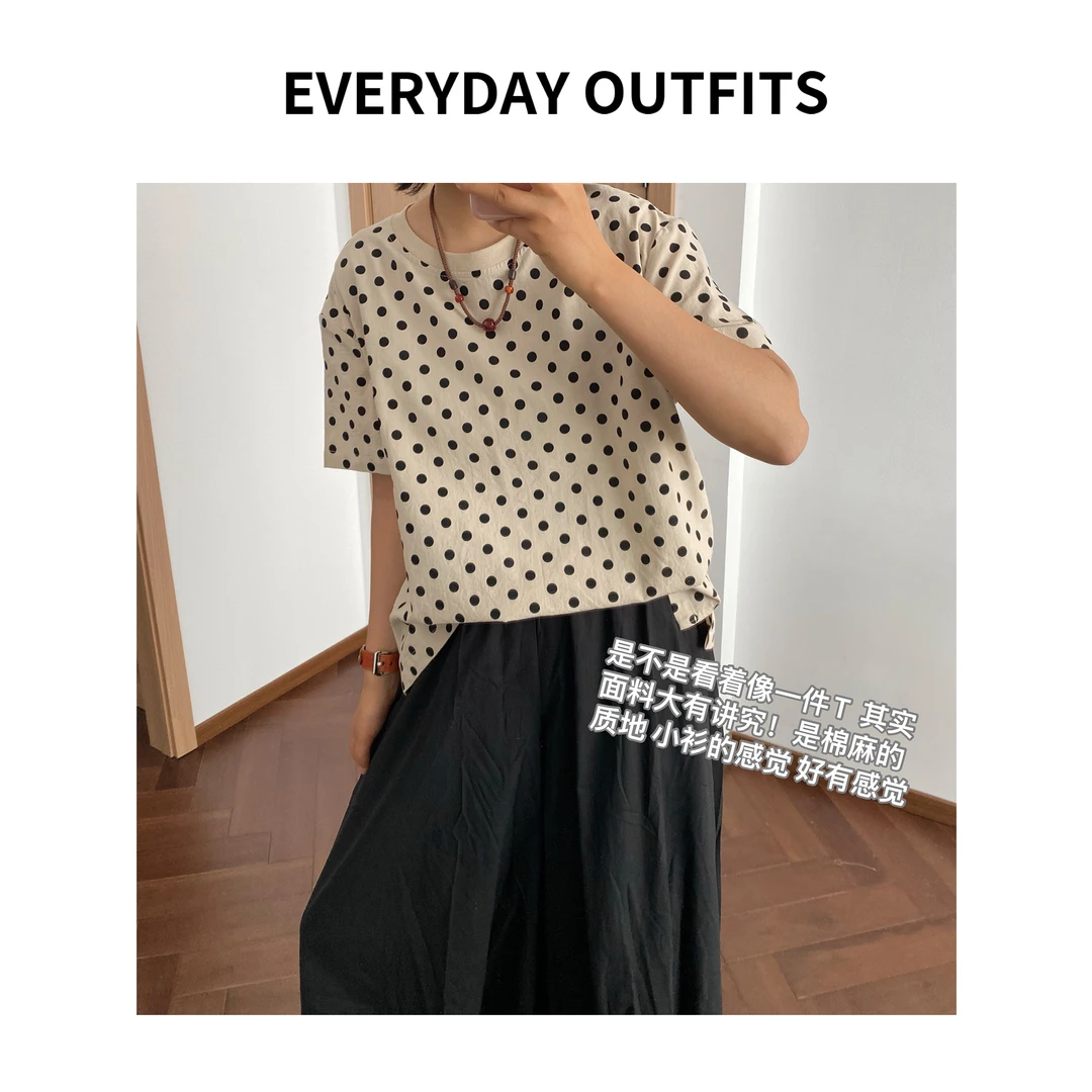 RIDA· 棉麻波点T恤5E11显瘦气质复古小众夏季百搭 T25110