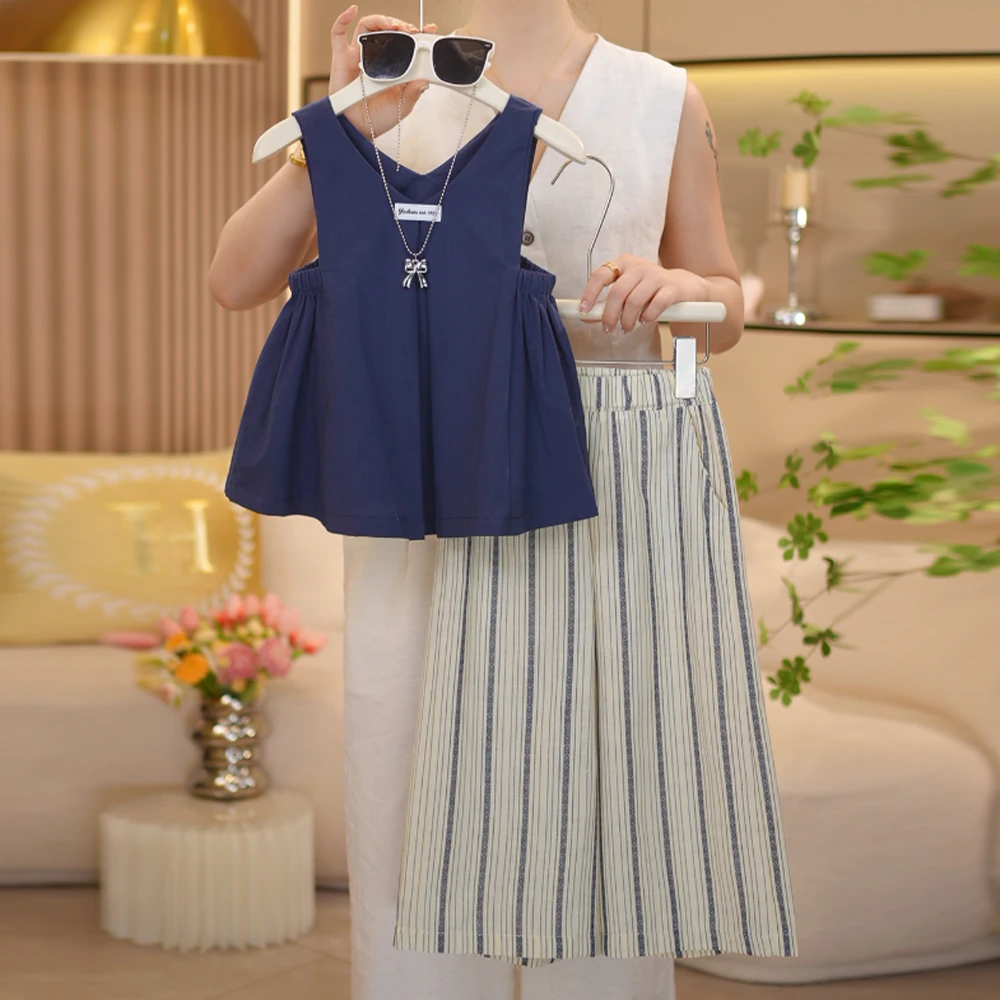 【闺蜜家】女童2025夏季新款时尚韩系无袖背心+条纹阔腿裤套装-8464