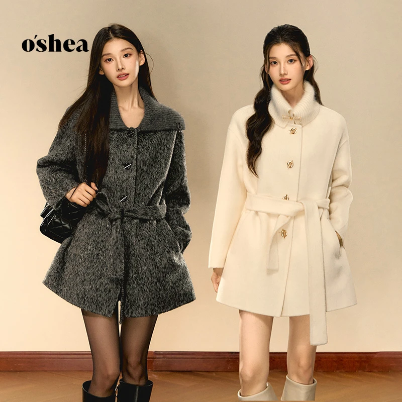 oshea 高级针织领毛呢外套女2025新款冬小个子宽松双面呢羊毛大衣