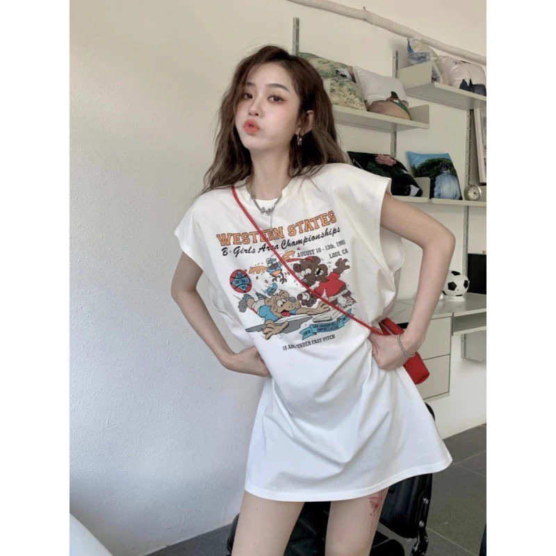 美式复古纯棉薄款运动坎肩ins背心女夏季女中长款遮屁外穿无袖t恤