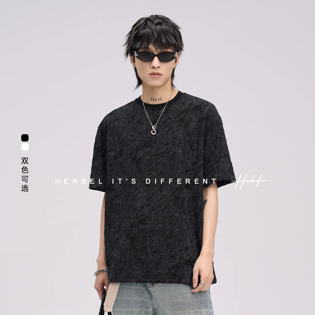 HERBEL/黑白夏季清凉透气百搭短袖印花潮男士百搭短袖休闲男t恤