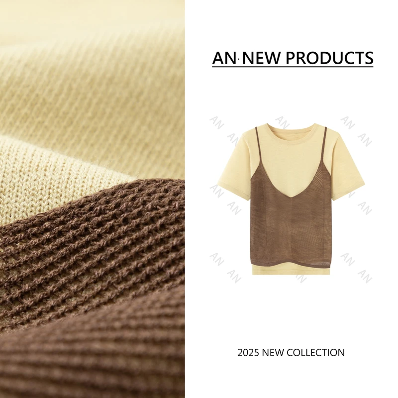 C05022新款夏天韩系穿搭宽松慵懒风叠穿背心假两件针织衫