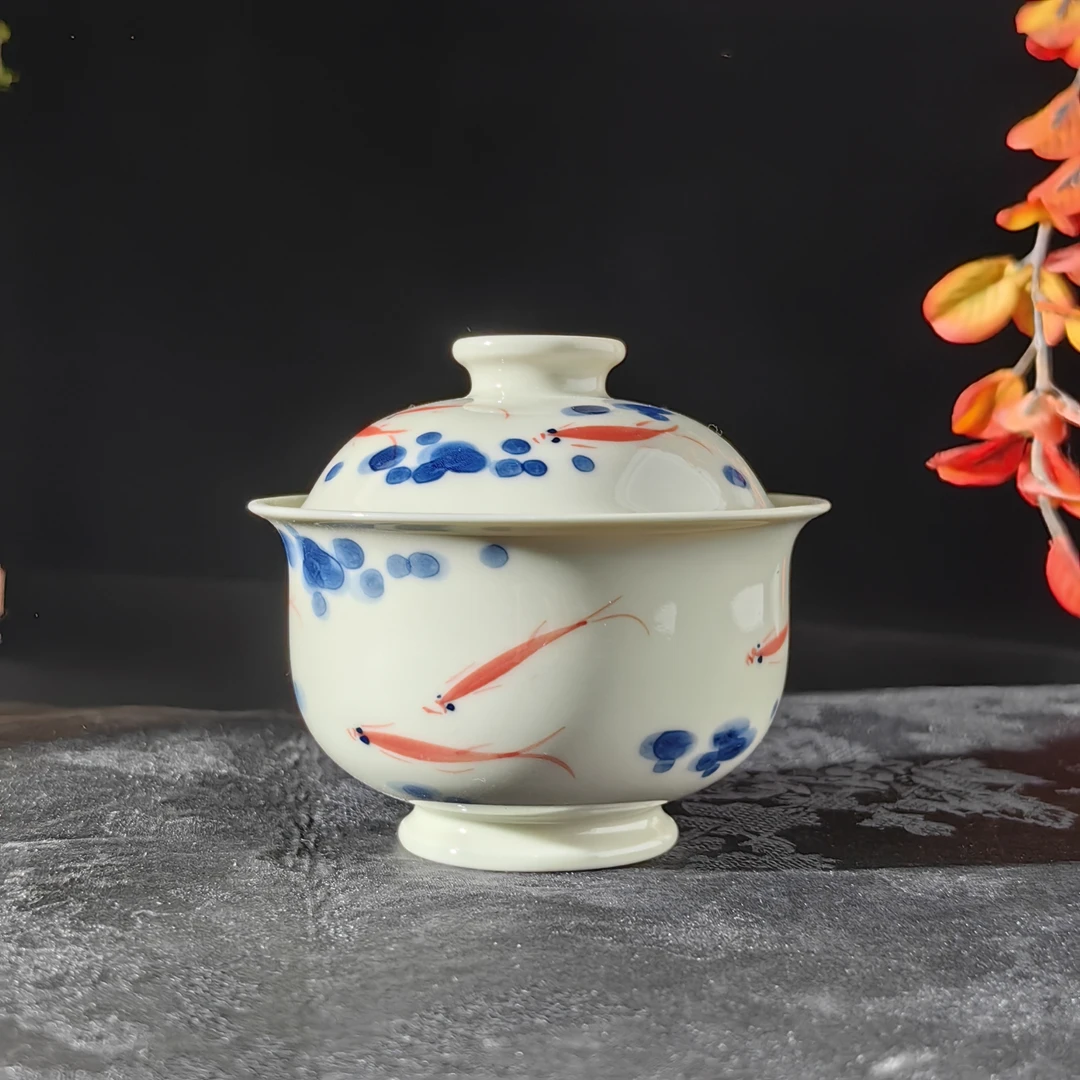 觅纤柴窑 小红鱼写意元宝盖碗 MQ327