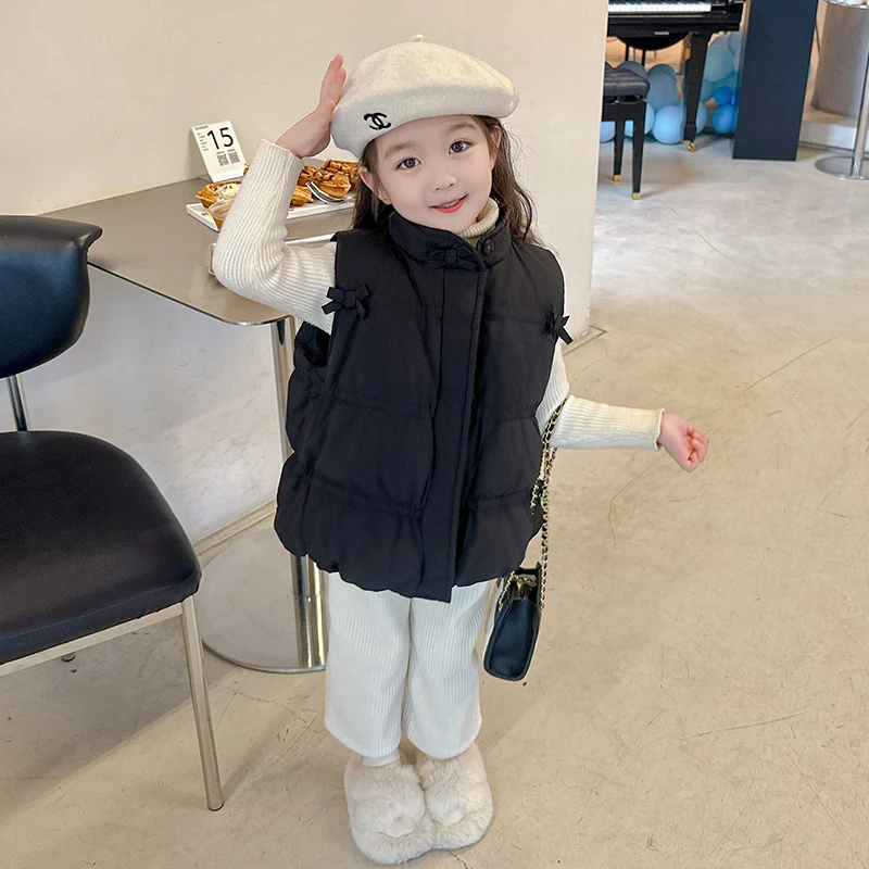 女童秋冬羽绒马甲2025新款儿童洋气蝴蝶结冬装外套女宝宝保暖背心