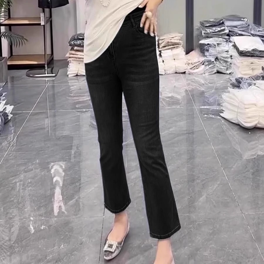 梨型身材高腰弹力牛仔裤女春季新款胖mm遮肉修身百搭九分微喇裤子